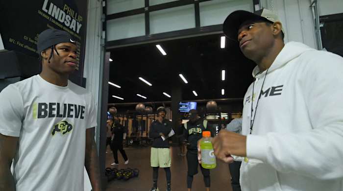 Deion Sanders and Travis Hunter at CU practice field